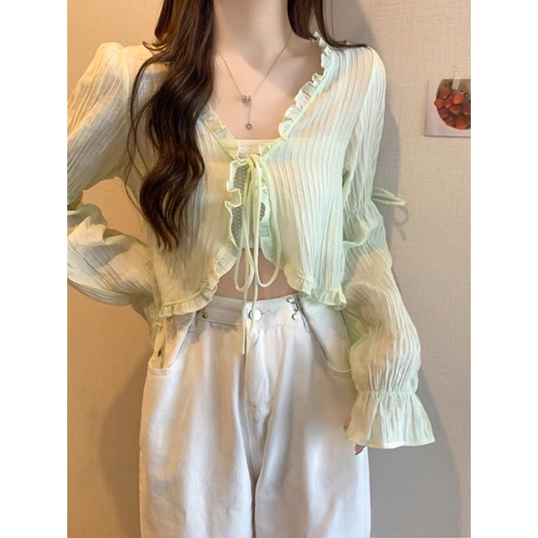 Áo cadigan khoác ngoài mỏng buộc dây, tay bo, phối bèo tiểu thư, nhẹ nhàng