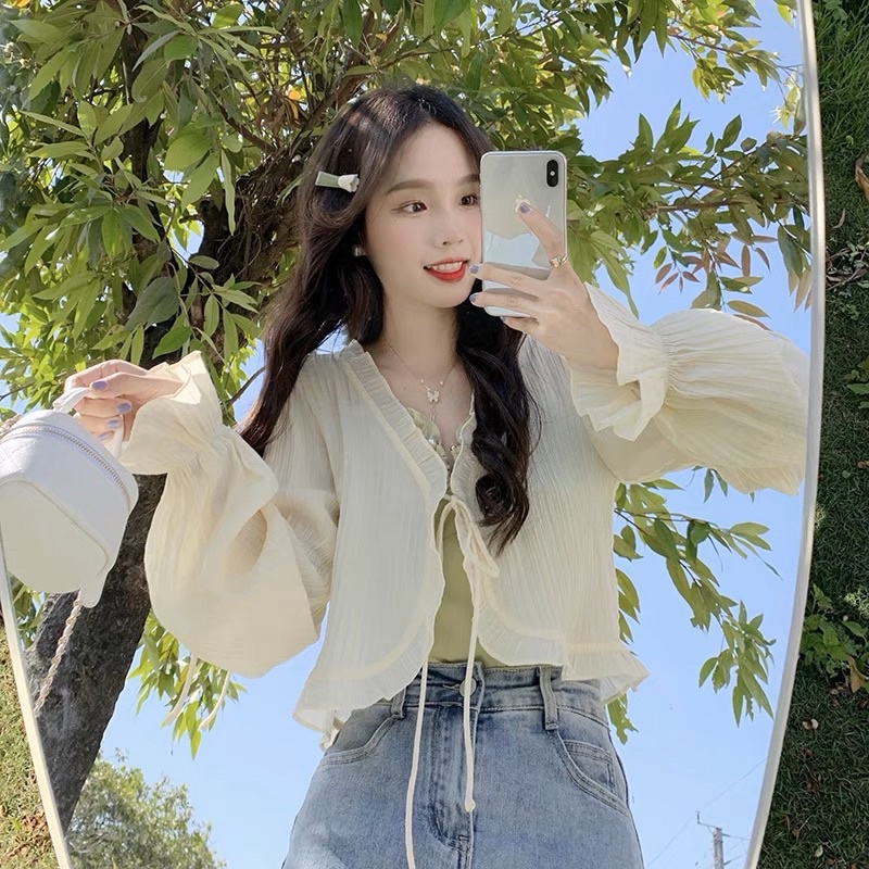 Áo cadigan khoác ngoài mỏng buộc dây, tay bo, phối bèo tiểu thư, nhẹ nhàng