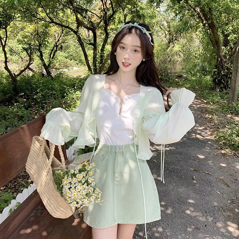 Áo cadigan khoác ngoài mỏng buộc dây, tay bo, phối bèo tiểu thư, nhẹ nhàng