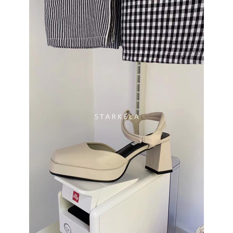 Giày Sandal Cao Gót Mũi Vuông Đế Dày Chống Thấm Nước Phong Cách Mary Jane Dành Cho Nữ