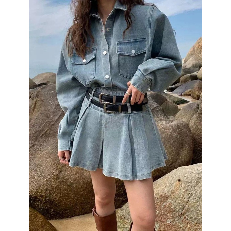 Bộ Áo Khoác Denim Cao Cấp Phối Chân Váy Kiểu Hồng Kông Thời Trang Mùa Xuân 2023 Cho Nữ