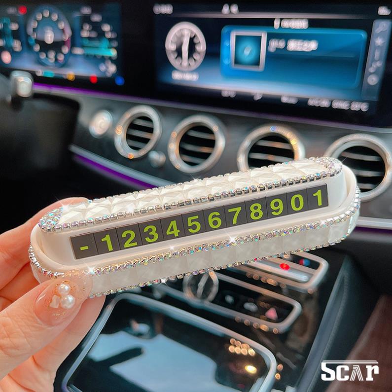 Bảng số điện thoại trên ô tô Đính Đá vuông to trang trí taplo gắn nơ, hoa trà, gấu