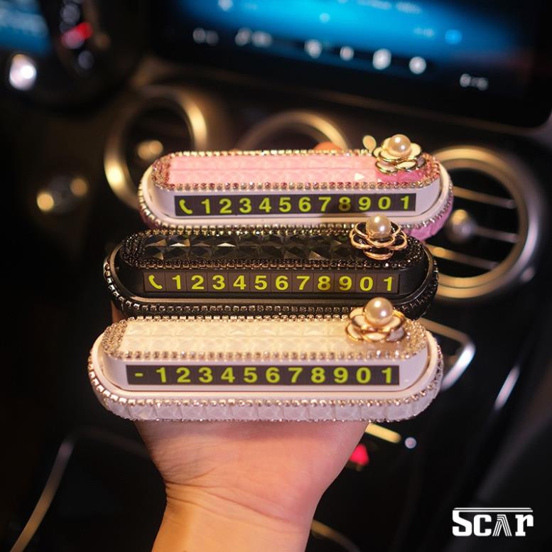 Bảng số điện thoại trên ô tô Đính Đá vuông to trang trí taplo gắn nơ, hoa trà, gấu