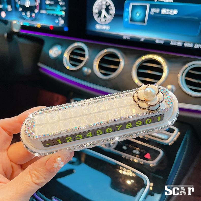 Bảng số điện thoại trên ô tô Đính Đá vuông to trang trí taplo gắn nơ, hoa trà, gấu