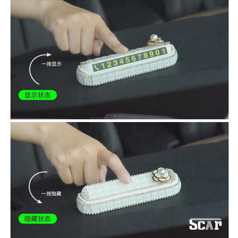 Bảng số điện thoại trên ô tô Đính Đá vuông to trang trí taplo gắn nơ, hoa trà, gấu