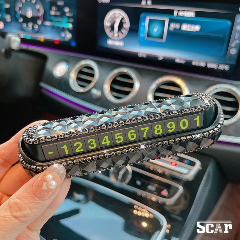 Bảng số điện thoại trên ô tô Đính Đá vuông to trang trí taplo gắn nơ, hoa trà, gấu