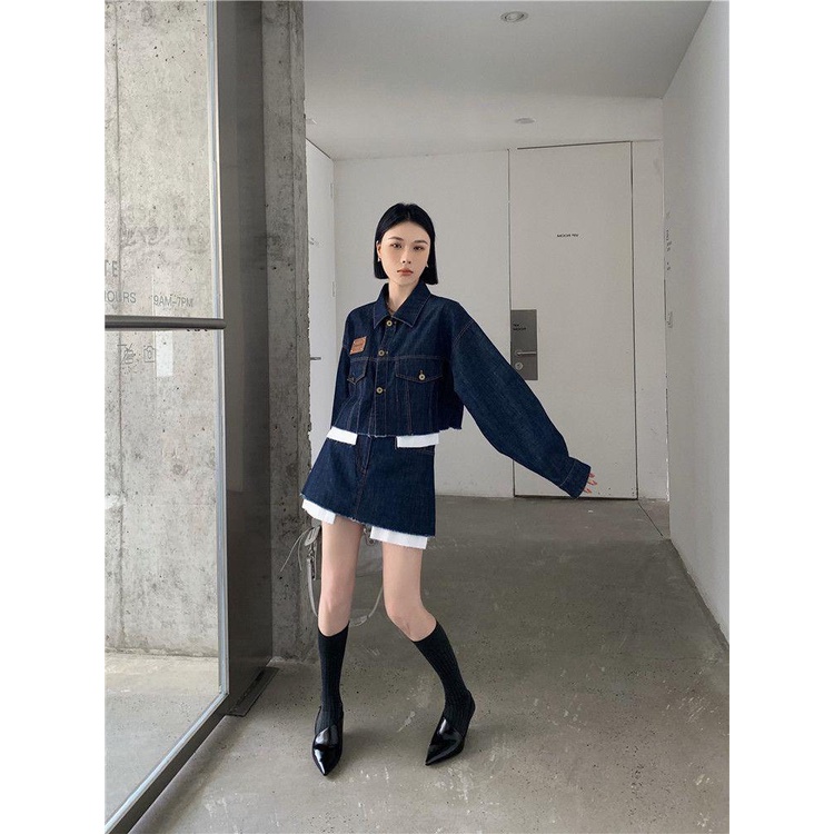 Bộ Áo Sơ Mi + Chân Váy Denim Lưng Cao Phong Cách Hàn Quốc Thời Trang Xuân Thu Hàng Mới 2023 Dành Cho Bạn Nữ