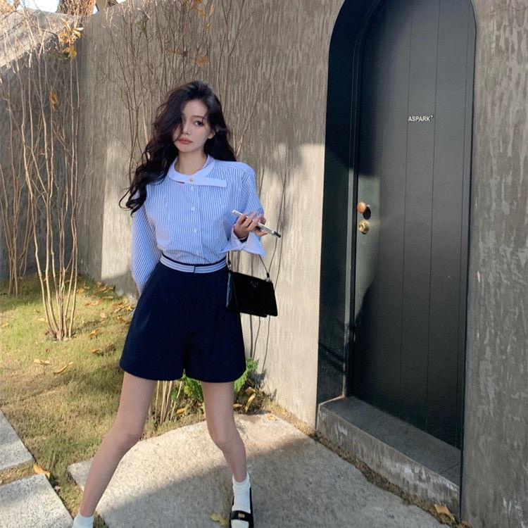 Áo Sơ Mi Cổ Vest Kẻ Sọc Màu Sắc Tương Phản In Chữ Thời Trang Mùa Xuân 2023 Cho Nữ