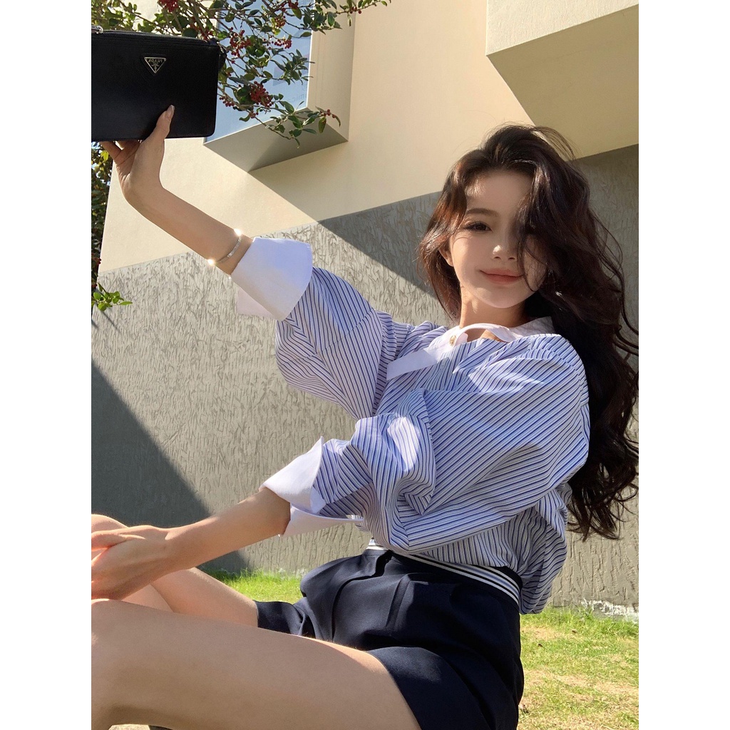 Áo Sơ Mi Cổ Vest Kẻ Sọc Màu Sắc Tương Phản In Chữ Thời Trang Mùa Xuân 2023 Cho Nữ