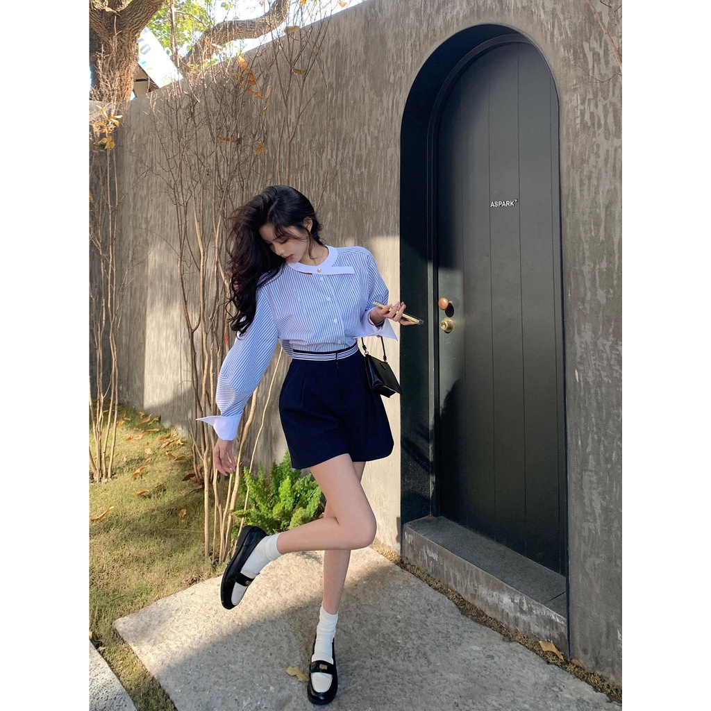 Áo Sơ Mi Cổ Vest Kẻ Sọc Màu Sắc Tương Phản In Chữ Thời Trang Mùa Xuân 2023 Cho Nữ