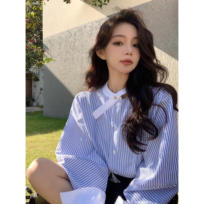 Áo Sơ Mi Cổ Vest Kẻ Sọc Màu Sắc Tương Phản In Chữ Thời Trang Mùa Xuân 2023 Cho Nữ