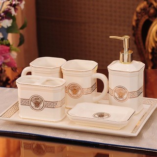 Bộ đồ dùng nhà tắm gốm sứ có 3 màu hình ver.sace viền vàng cao cấp