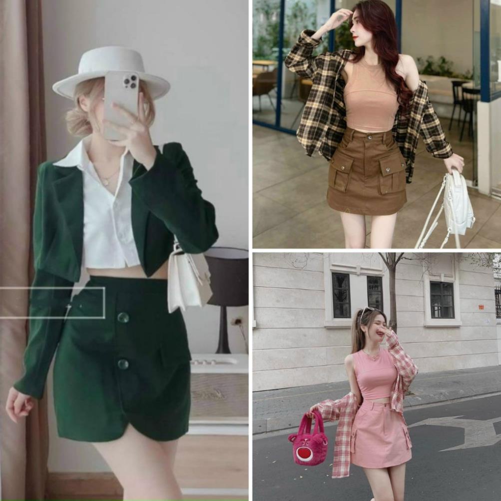 Set đồ nữ 3 món áo ba lỗ phối chân váy chữ A kèm áo khoác,Set vest tay dài & áo sơ mi croptop mix chân váy mini M1127