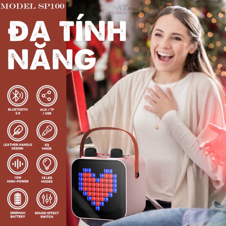 Loa Karaoke Mini SP-100 LED RGB Kèm 2 Micro Không Dây