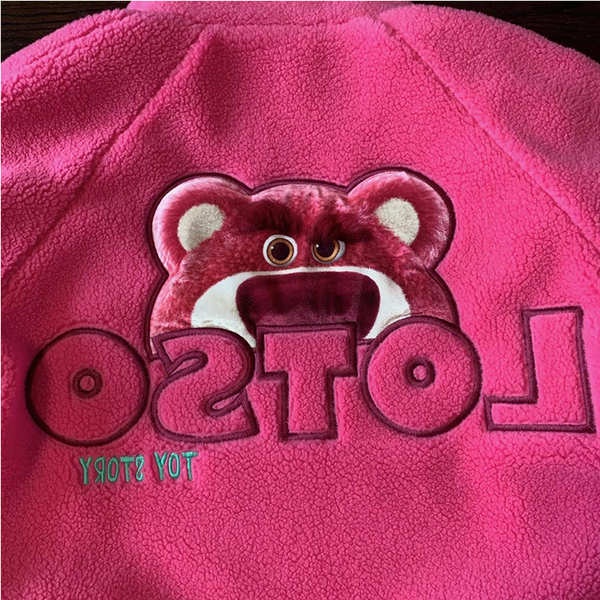 Áo khoác dày màu đỏ hồng gấu dâu dễ thương