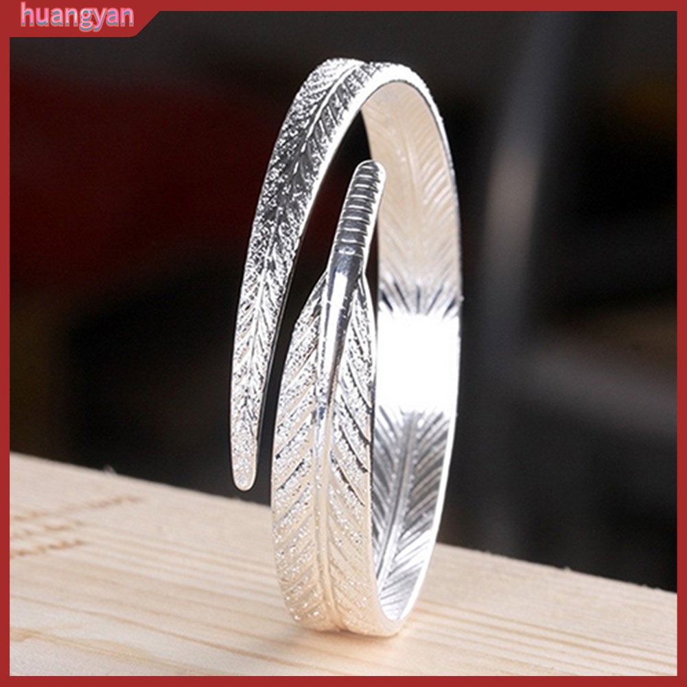 HY| Vòng Tay Nữ Hở Hình Lông Vũ Mạ Bạc Thời Trang