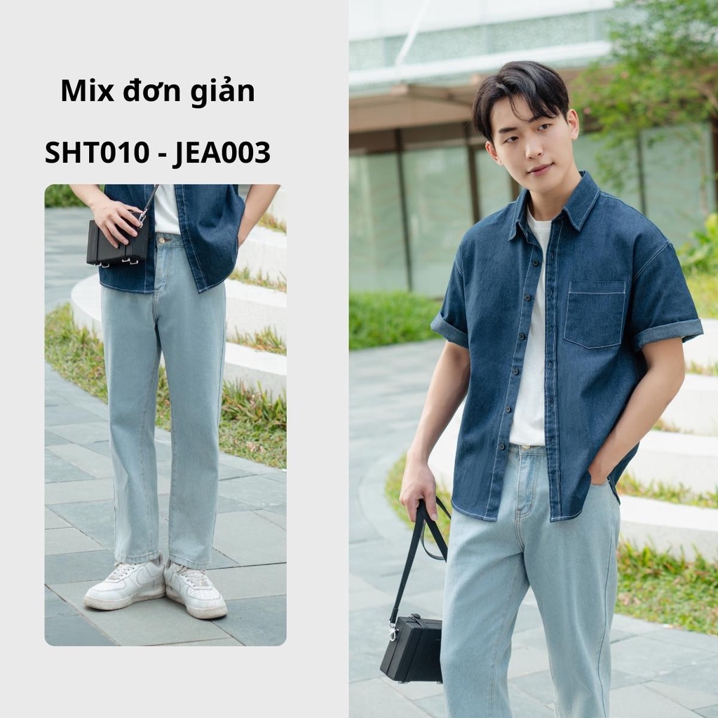Áo Sơ Mi Denim Tay Ngắn Vải Bò Giấy MANDO Mỏng Nhẹ Thoáng Mát Đứng Form Basic Phong Cách Hàn Quốc SHT010
