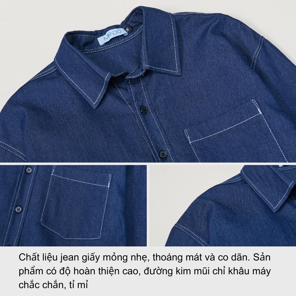 Áo Sơ Mi Denim Tay Ngắn Vải Bò Giấy MANDO Mỏng Nhẹ Thoáng Mát Đứng Form Basic Phong Cách Hàn Quốc SHT010