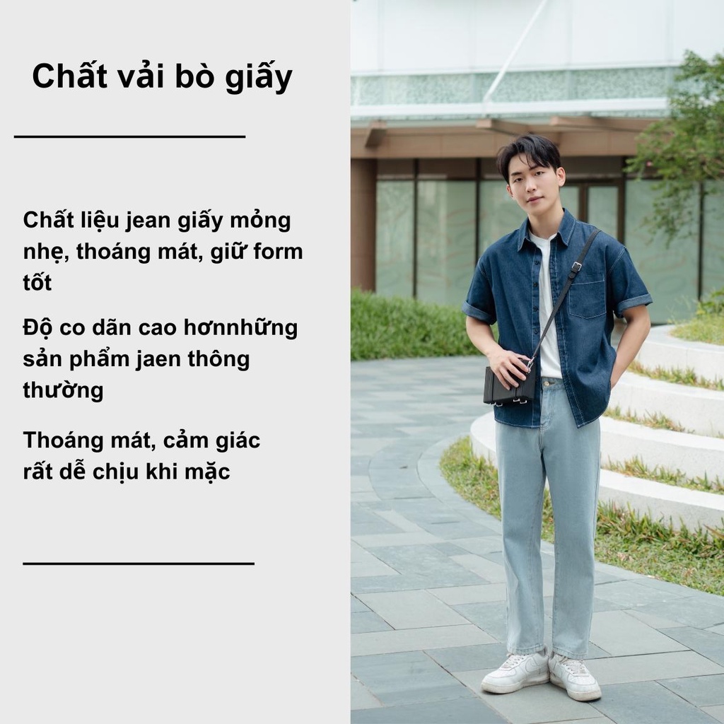 Áo Sơ Mi Denim Tay Ngắn Vải Bò Giấy MANDO Mỏng Nhẹ Thoáng Mát Đứng Form Basic Phong Cách Hàn Quốc SHT010