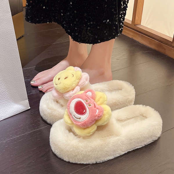 Dép Lông Xù Đế Dày Mềm Mại Màu Kẹo Hình Gấu Đáng Yêu