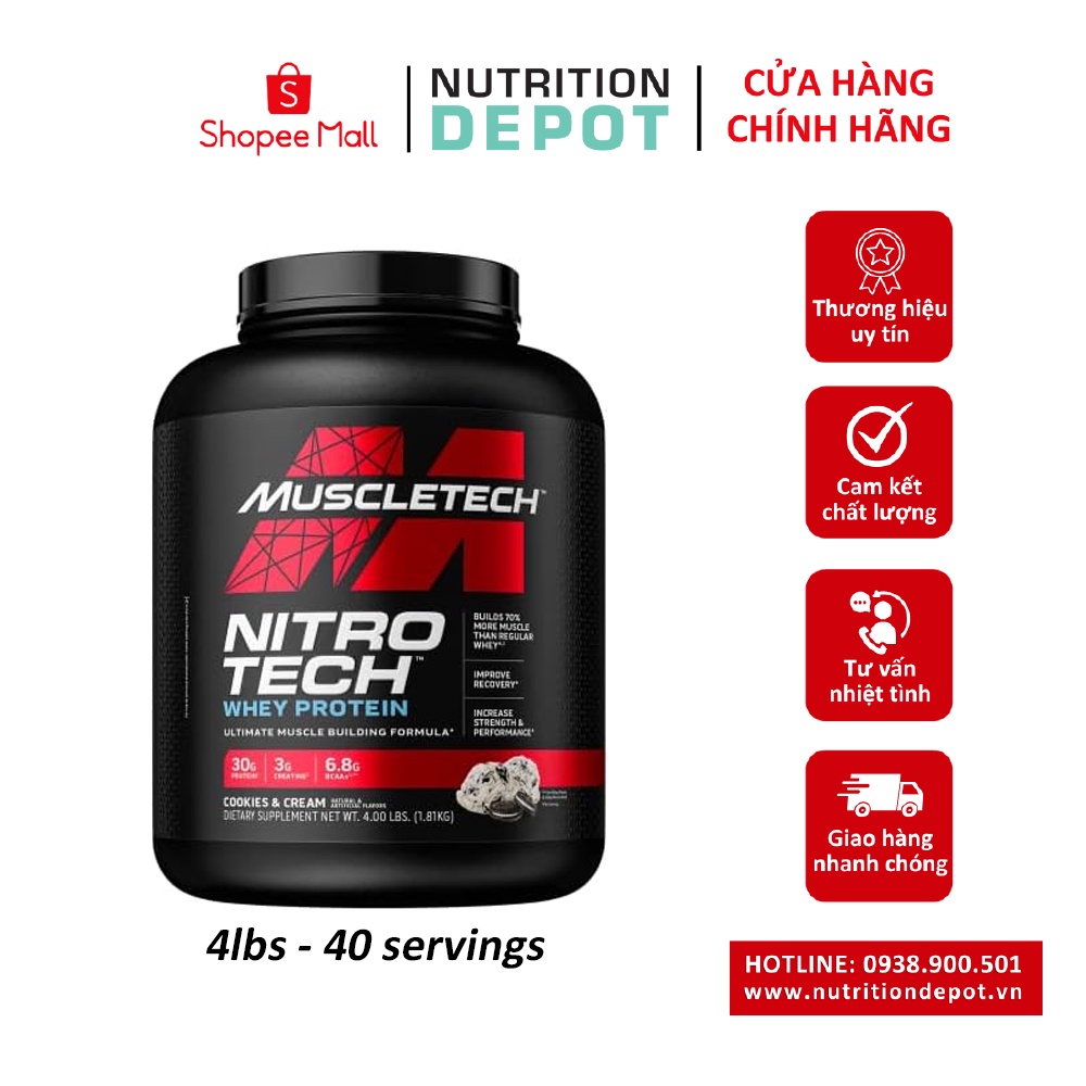 Sữa tăng cơ Nitrotech Whey Protein Muscletech 4lbs (1.8kg) - Hỗ trợ tăng cơ và phục hồi cơ tối đa - Nutrition Depot