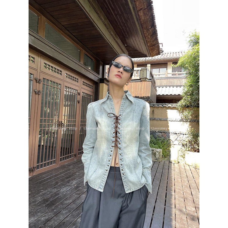 Áo Sơ Mi Denim Tay Dài Dây Chéo Phong Cách Hàn Quốc Thời Trang Xuân Thu 2023 Cho Nữ