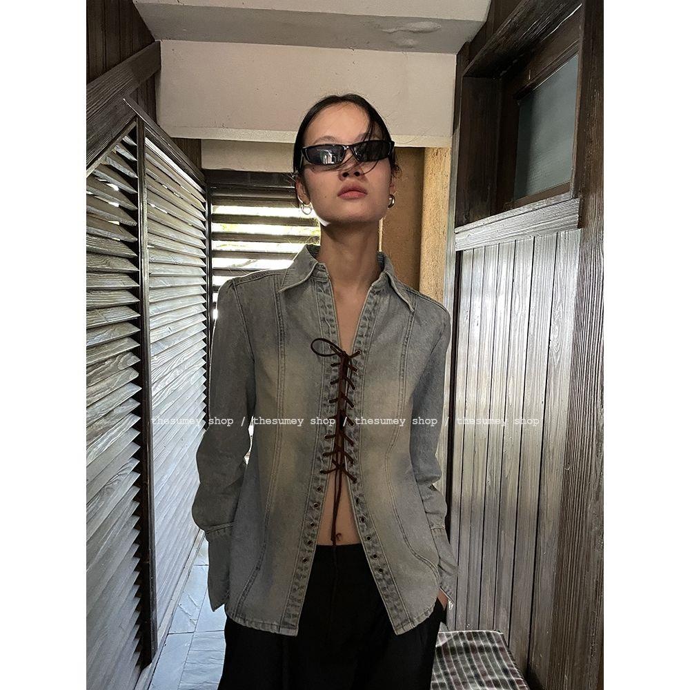 Áo Sơ Mi Denim Tay Dài Dây Chéo Phong Cách Hàn Quốc Thời Trang Xuân Thu 2023 Cho Nữ