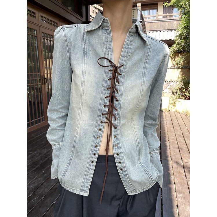 Áo Sơ Mi Denim Tay Dài Dây Chéo Phong Cách Hàn Quốc Thời Trang Xuân Thu 2023 Cho Nữ