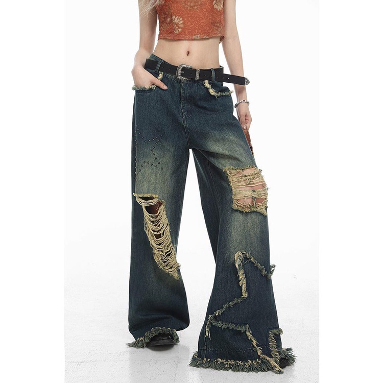Quần Jean Dài Eo Cao Dáng Rộng Rách Cá Tính Trẻ Trung Hợp Thời Trang Cho Bạn Gái