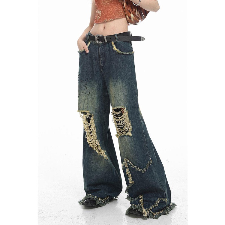 Quần Jean Dài Eo Cao Dáng Rộng Rách Cá Tính Trẻ Trung Hợp Thời Trang Cho Bạn Gái