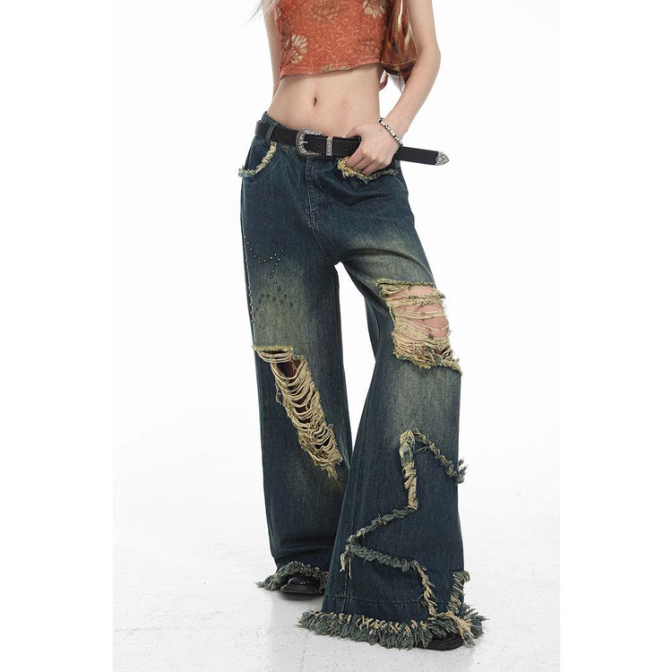 Quần Jean Dài Eo Cao Dáng Rộng Rách Cá Tính Trẻ Trung Hợp Thời Trang Cho Bạn Gái