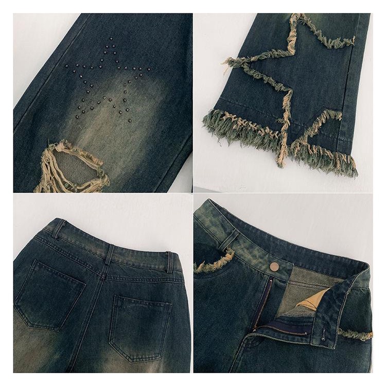 Quần Jean Dài Eo Cao Dáng Rộng Rách Cá Tính Trẻ Trung Hợp Thời Trang Cho Bạn Gái