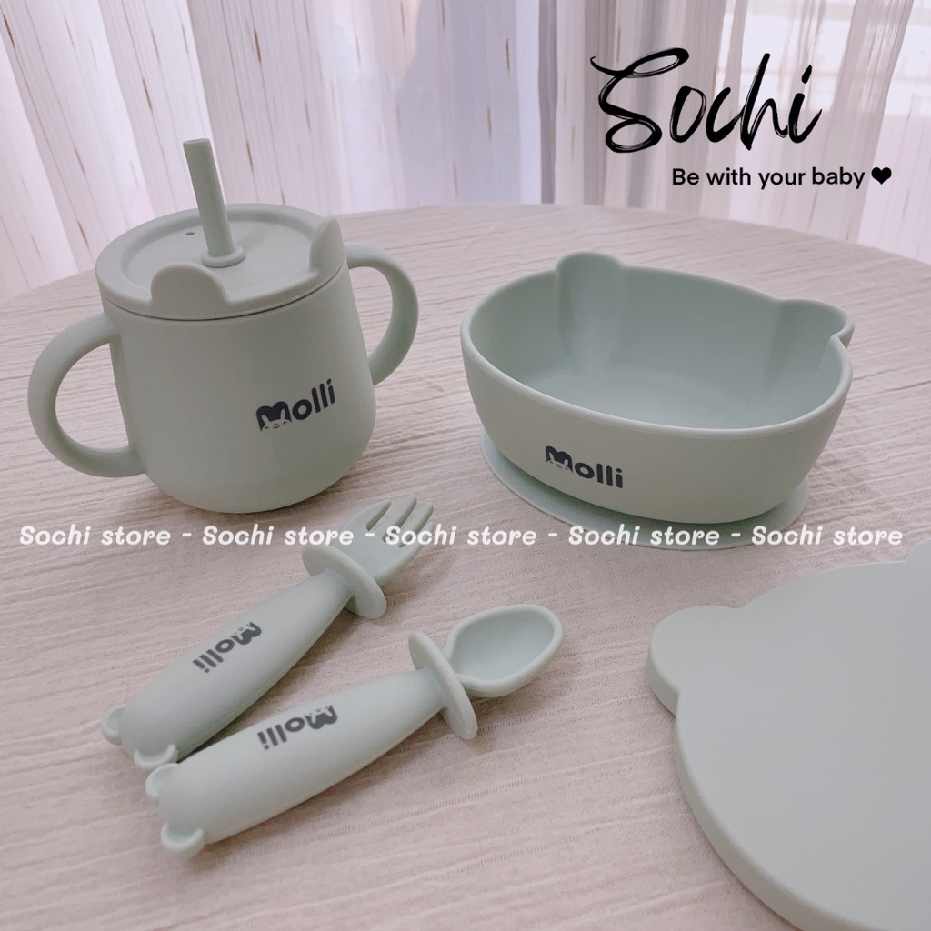 Bộ ăn dặm bát, thìa, dĩa cốc Bear silicone cho bé