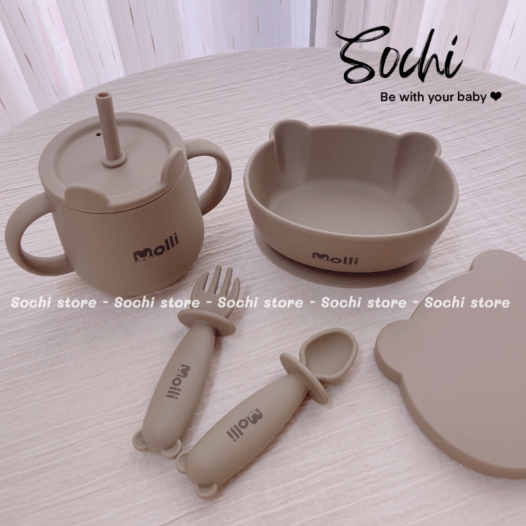 Bộ ăn dặm bát, thìa, dĩa cốc Bear silicone cho bé