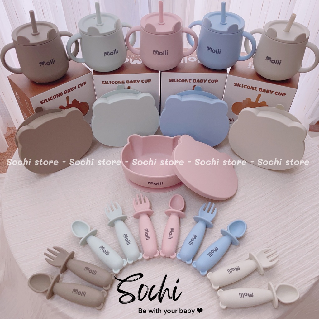 Bộ ăn dặm bát, thìa, dĩa cốc Bear silicone cho bé