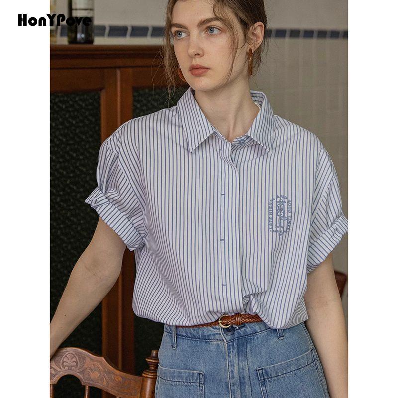 Honypove Áo Sơ Mi Ngắn Tay Thêu Họa Tiết Kẻ Sọc Xanh Dương Phong Cách Pháp Thời Trang Mùa Hè Hàng Mới 2023 Dành Cho Bạn Nữ