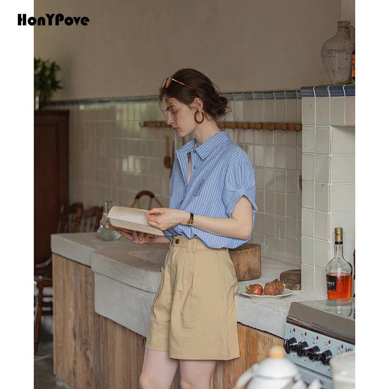 Honypove Áo Sơ Mi Ngắn Tay Thêu Họa Tiết Kẻ Sọc Xanh Dương Phong Cách Pháp Thời Trang Mùa Hè Hàng Mới 2023 Dành Cho Bạn Nữ