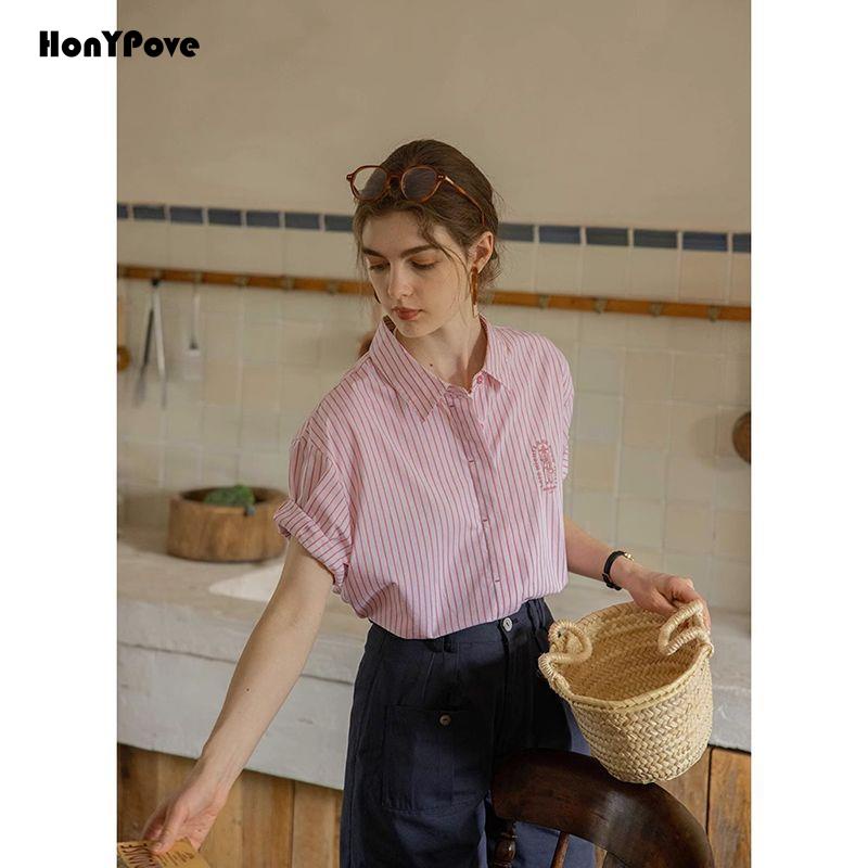 Honypove Áo Sơ Mi Ngắn Tay Thêu Họa Tiết Kẻ Sọc Xanh Dương Phong Cách Pháp Thời Trang Mùa Hè Hàng Mới 2023 Dành Cho Bạn Nữ