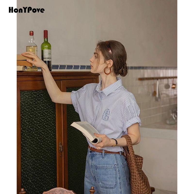 Honypove Áo Sơ Mi Ngắn Tay Thêu Họa Tiết Kẻ Sọc Xanh Dương Phong Cách Pháp Thời Trang Mùa Hè Hàng Mới 2023 Dành Cho Bạn Nữ
