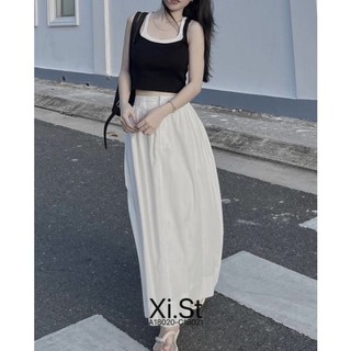 Set tăm ba lỗ phối chân váy kaki dáng dài