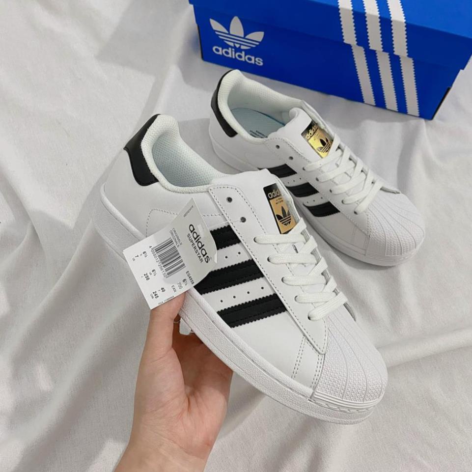 Giày_Adidas Superstar Màu Trắng 3 Sọc Đen Tem Vàng, Giày thể thao nam nữ Adidas mũi sò trắng sọc đen bản S.Cấp full PK