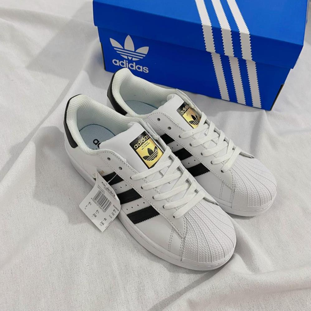 Giày_Adidas Superstar Màu Trắng 3 Sọc Đen Tem Vàng, Giày thể thao nam nữ Adidas mũi sò trắng sọc đen bản S.Cấp full PK