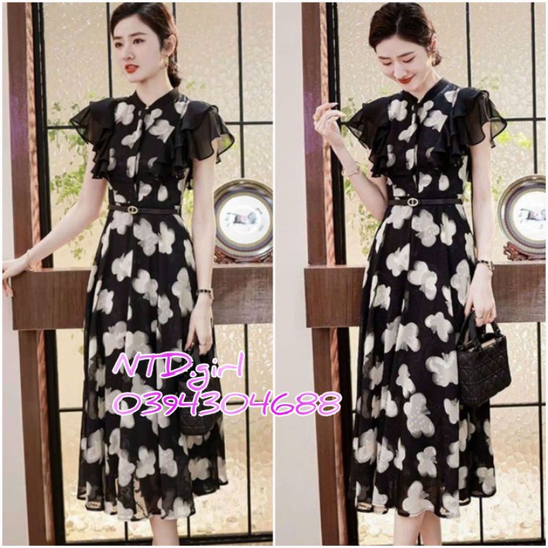 Hàng nhập - Đầm dáng xòe voan tơ cánh tiên họa tiết bươm bướm, váy xòe cổ tròn vintage sang trọng