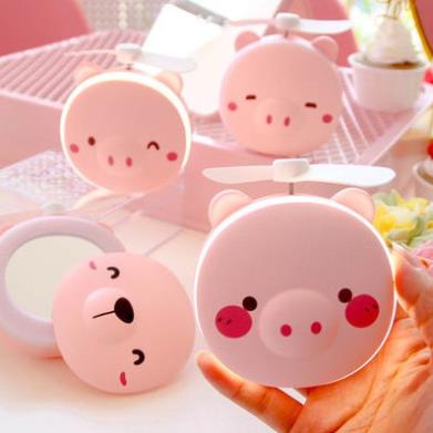 Quạt sạc mini hình thú hình heo hồng có đèn và gương
