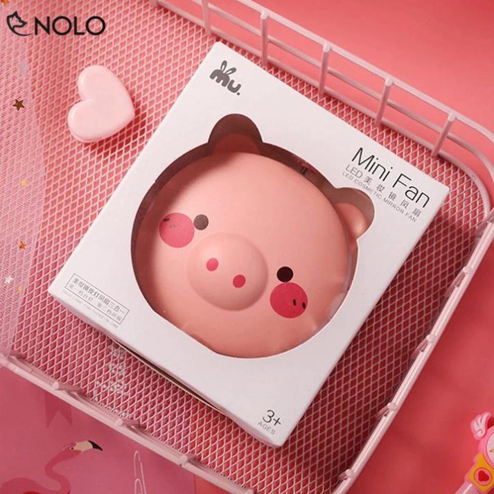 Quạt sạc mini hình thú hình heo hồng có đèn và gương