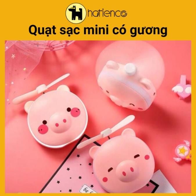 Quạt sạc mini hình thú hình heo hồng có đèn và gương
