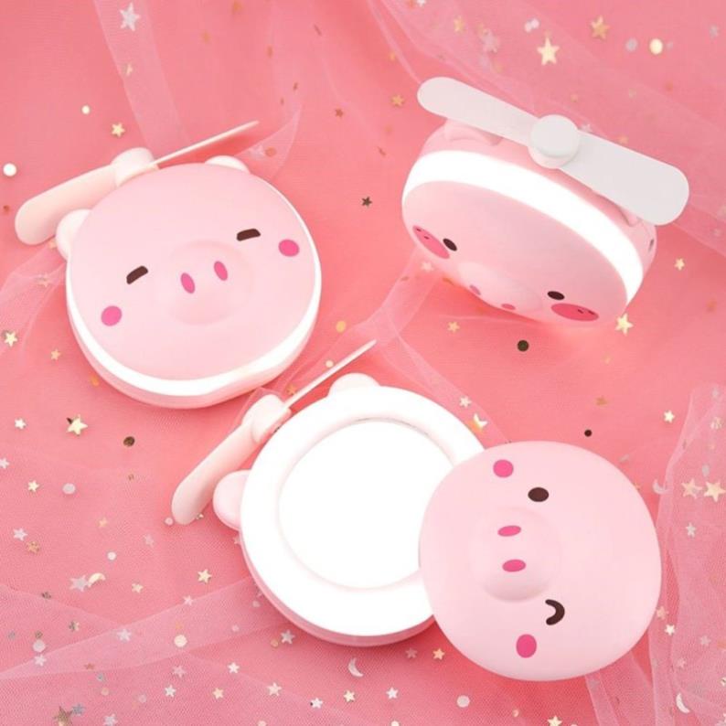 Quạt sạc mini hình thú hình heo hồng có đèn và gương
