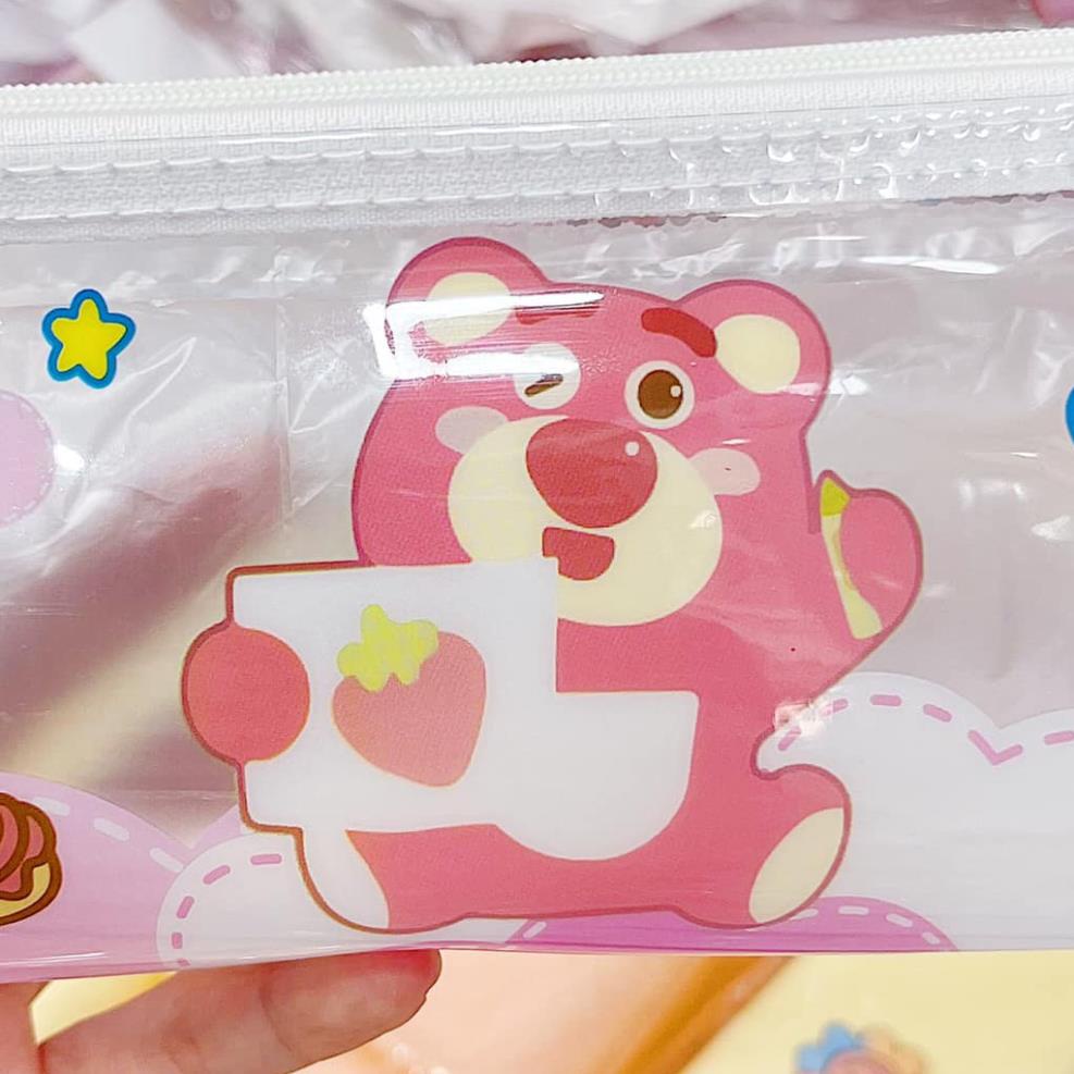 Hộp bút gấu dâu, bóp viết trong suốt gấu dâu cute