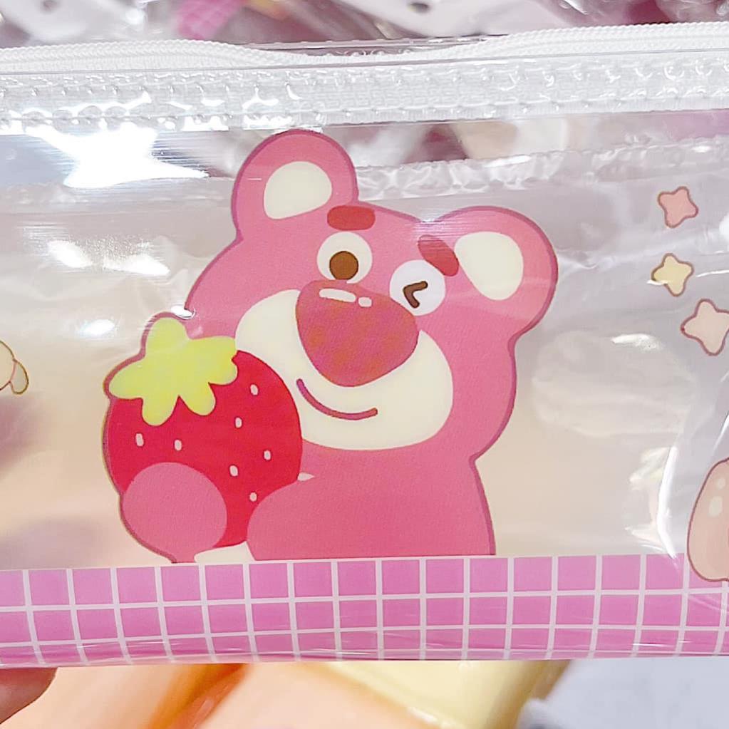 Hộp bút gấu dâu, bóp viết trong suốt gấu dâu cute