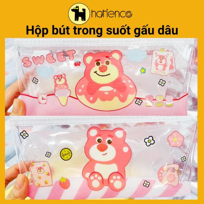 Hộp bút gấu dâu, bóp viết trong suốt gấu dâu cute